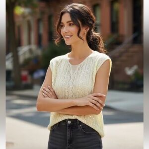 NWT Butter Yellow Crochet Sequin Top. Size S/M. Sleeveless Lightweight Knit